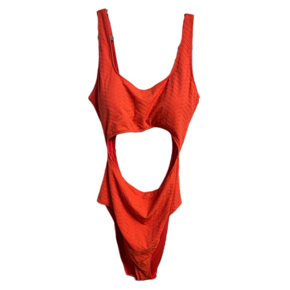 Aerie Women’s Swim One Piece Cutout Scoop Neck Jacquard NWT Calypso Red XXL long - Picture 2 of 9